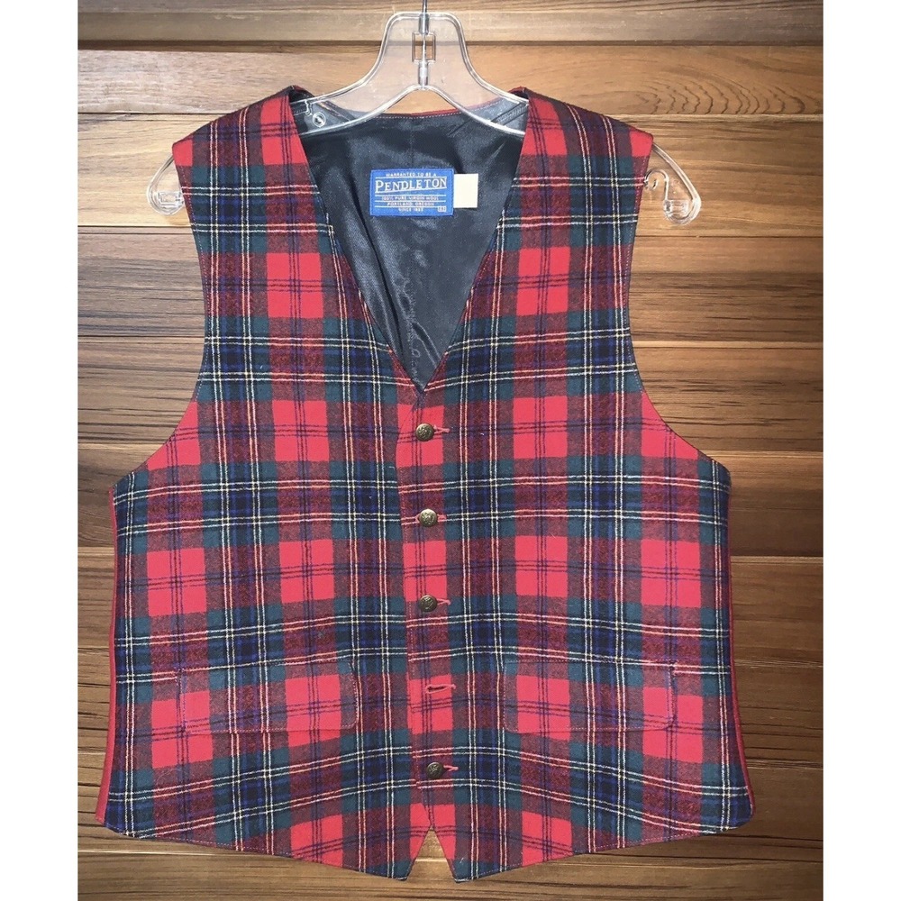 Vintage Pendleton Wool Vest L Red Black Buffalo Plaid Waistcoat 42